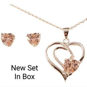 Sterling Openwork Pink Heart CZ  Necklace & Stud Earrings Set - Ne…